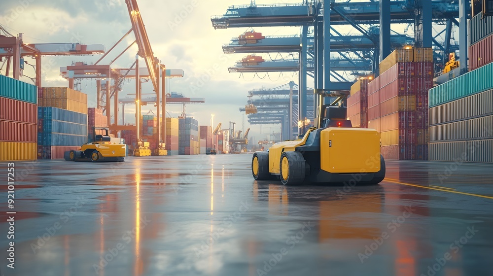 Poster robotic cranes and automated vehicles in futuristic container port showcase logistics innovation