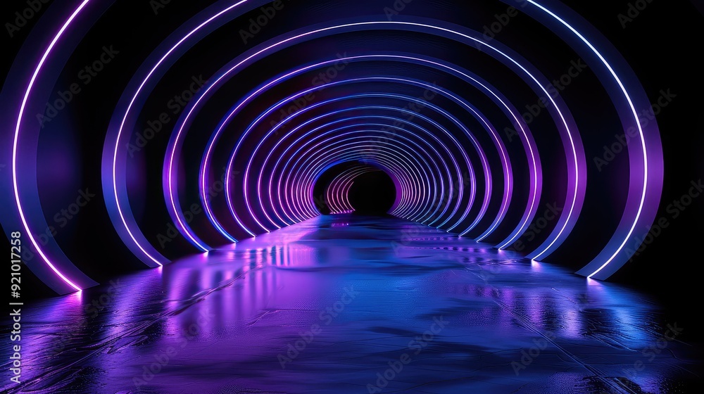 Poster abstract glowing tunnel with vibrant neon lights, creating a futuristic and ethereal atmosphere.