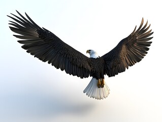 Naklejka premium Majestic Bald Eagle in Flight: A symbol of freedom and power, this majestic bald eagle commands attention as it soars through the sky with its wings spread wide against a pristine white background.