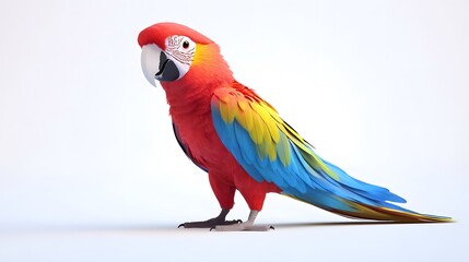 Obraz premium Scarlet Macaw in Focus: A vibrant scarlet macaw stands proudly against a soft white background, showcasing its colorful plumage and striking features. The bird's inquisitive gaze and sharp details cre