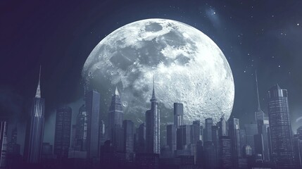 A breathtaking night skyline with a giant moon illuminating the cityscape.