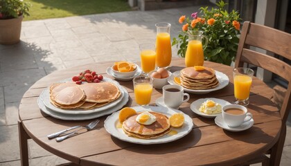 Fototapeta premium Breakfast on a white wooden table at a summer house veranda with food and drinks.