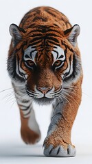 Obraz premium Tiger's Gaze: A powerful, captivating portrait of a majestic tiger walking towards the viewer, its intense eyes locked on the camera. The intricate details of its fur and the sharp focus on its face 