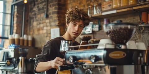 Young male barista with messy hair operating an espresso machine in a modern, industrial-style coffee shop. The environment is casual and bustling.