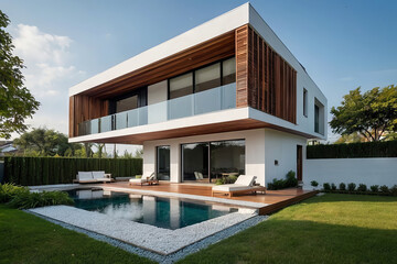 Fototapeta premium modern luxury minimalist cubic house with wooden cladding and white walls