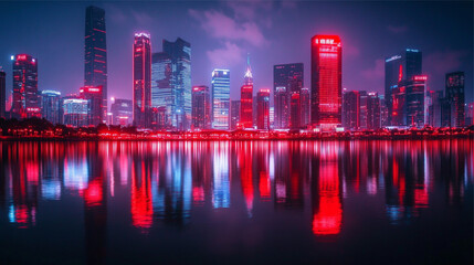 Frankfurt am Main skyline at night with reflection in the river.
