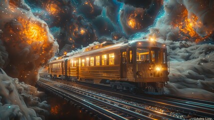 Obraz premium Majestic Vintage Train Traverses Cosmic Dimensions on Enchanted Railway