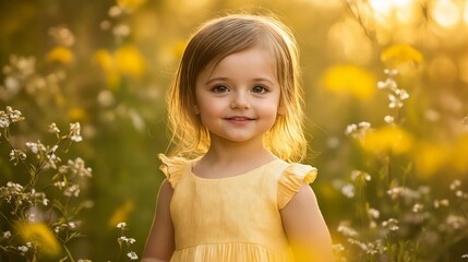 Fototapeta premium A little girl in a yellow dress standing in a field of flowers