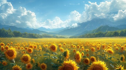 Obraz premium Sunflower Field with Blue Sky and Mountains