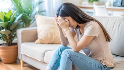 Obraz premium Lonely Asian Woman Feeling Sad and Unhappy, Struggling with Grief and Relationship Issues