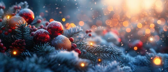 Fototapeta premium Festive Christmas scene with red ornaments on snowy pine branches, brightly illuminated by warm, glowing lights in a winter wonderland.