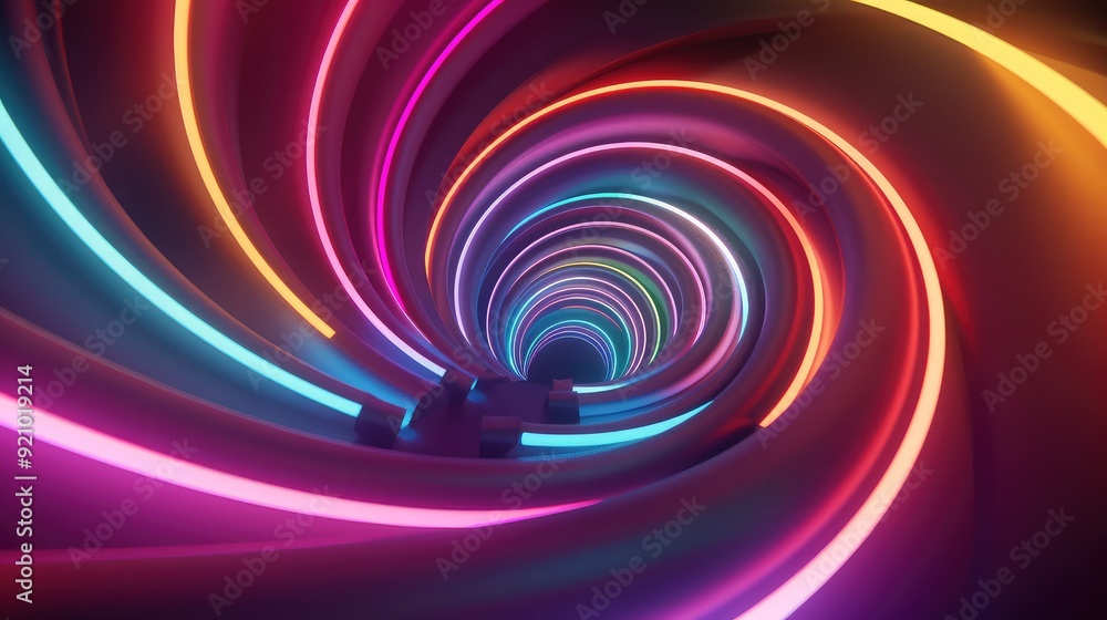 Poster abstract swirling neon lights create a vibrant and colorful tunnel effect.