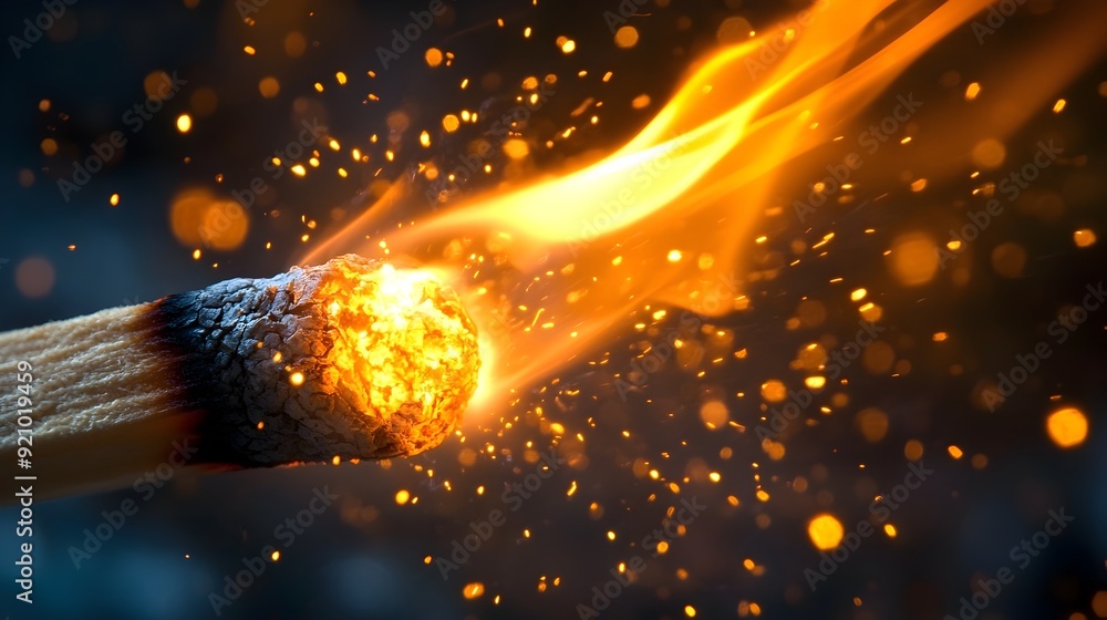Poster super macro ignited matchstick capturing fiery textures and transformative energy