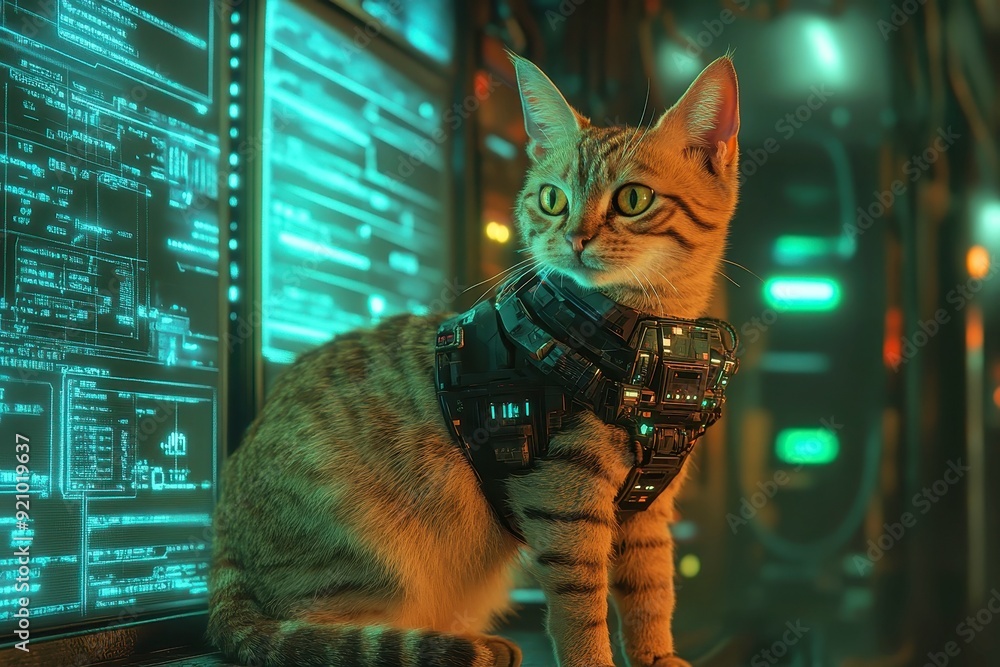 Poster cybernetic feline in digital marketplace, a cat with a robotic tail navigating a vibrant cyberpunk e