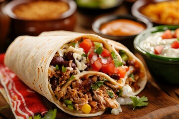 A delicious burrito filled with shredded meat, beans, and fresh vegetables served on a wooden table
