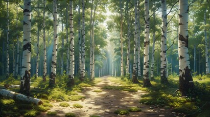 Sunlit Forest Pathway in Serene Woodland