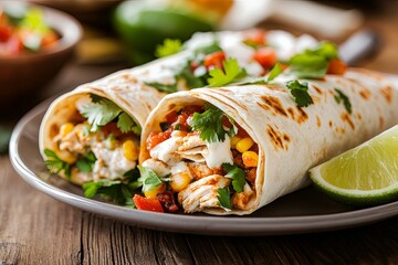 Tasty chicken burritos with fresh vegetables and lime on a wooden table