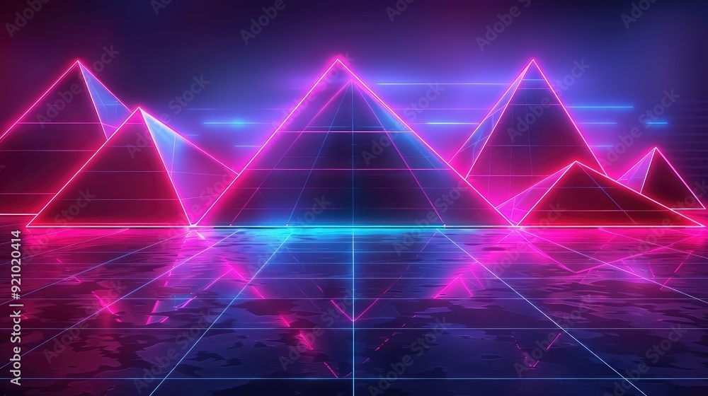 Poster neon pink and blue lights illuminate a field of glowing pyramids. the reflection of the lights creat