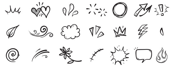 hand drawn set elements abstract arrows ribbons hearts stars crowns other elements hand drawn style