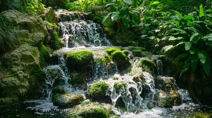 A hidden waterfall cascades down moss-covered rocks, its sound a soothing melody in the forest.