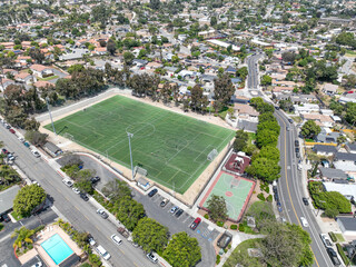 Aerial view of soccer field with houses and communities in Vista, Carlsbad in North County of San Diego, California. USA.