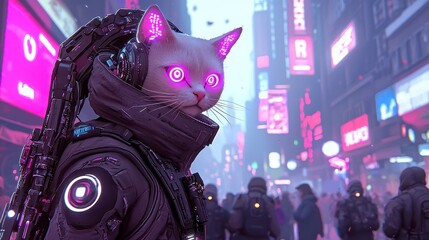 Obraz premium Cybernetic Feline in Futuristic Marketplace, A high-tech cat with a robotic tail navigates a vibrant market, illustrating the dynamics of a cyber economy filled with energy.