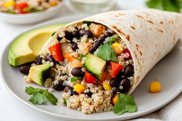A colorful quinoa and black bean wrap filled with fresh vegetables and served with avocado