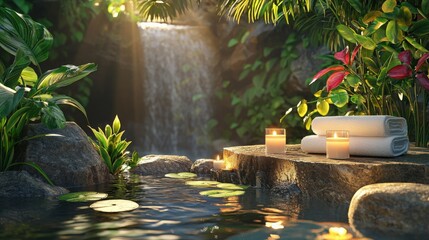 A serene spa scene featuring a waterfall, candles, and stacked towels surrounded by lush greenery, creating a peaceful atmosphere.
