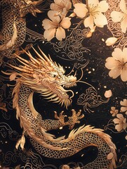 Obraz premium Intricate oriental line art featuring Chinese dragons and Japanese cherry blossoms