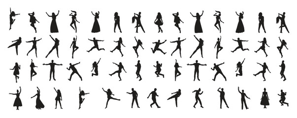 set silhouettes dancing people white background vector