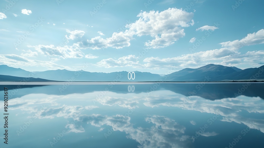 Poster Tranquil Reflection of the Number Zero in a Serene Lake Mirroring the Sky