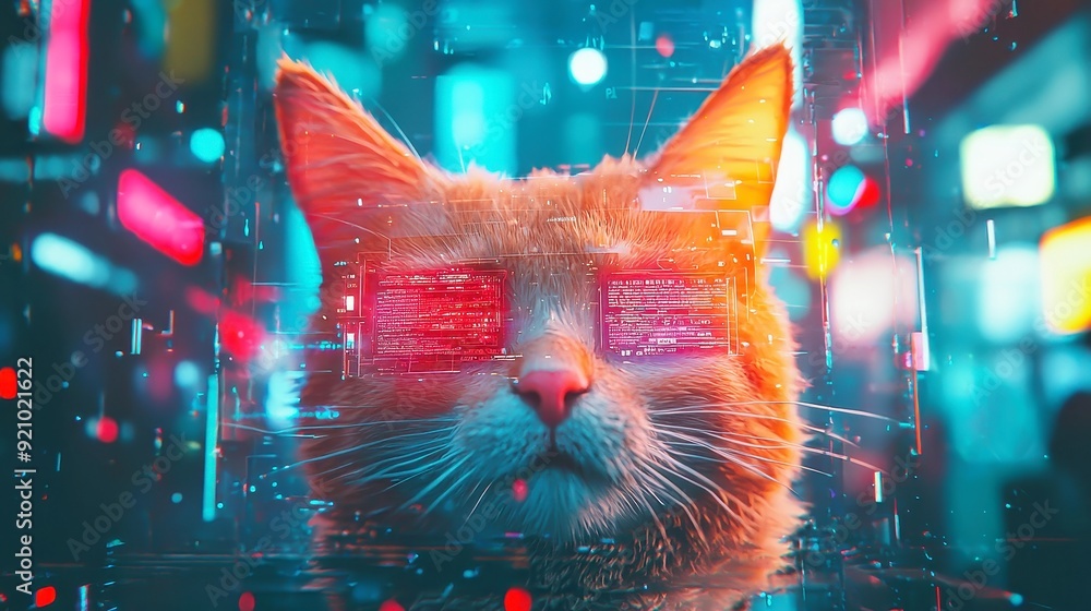 Poster futuristic cyber-cat in digital landscape, a vibrant depiction of a technologically advanced feline 