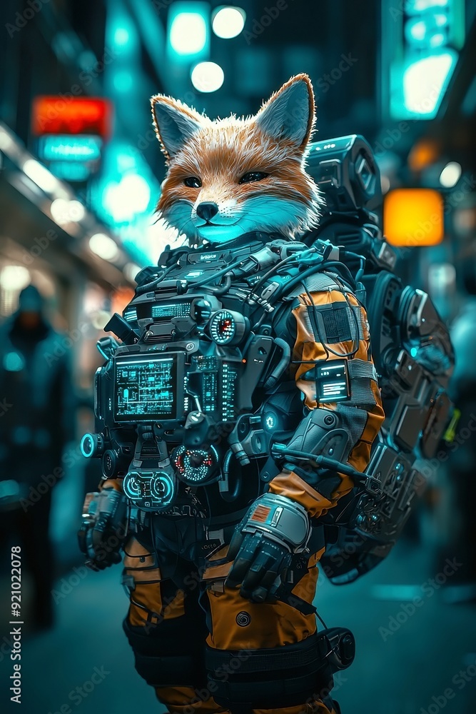 Poster futuristic fox in cybersuit, showcasing vibrant data streams, exploring digital environments and ai 