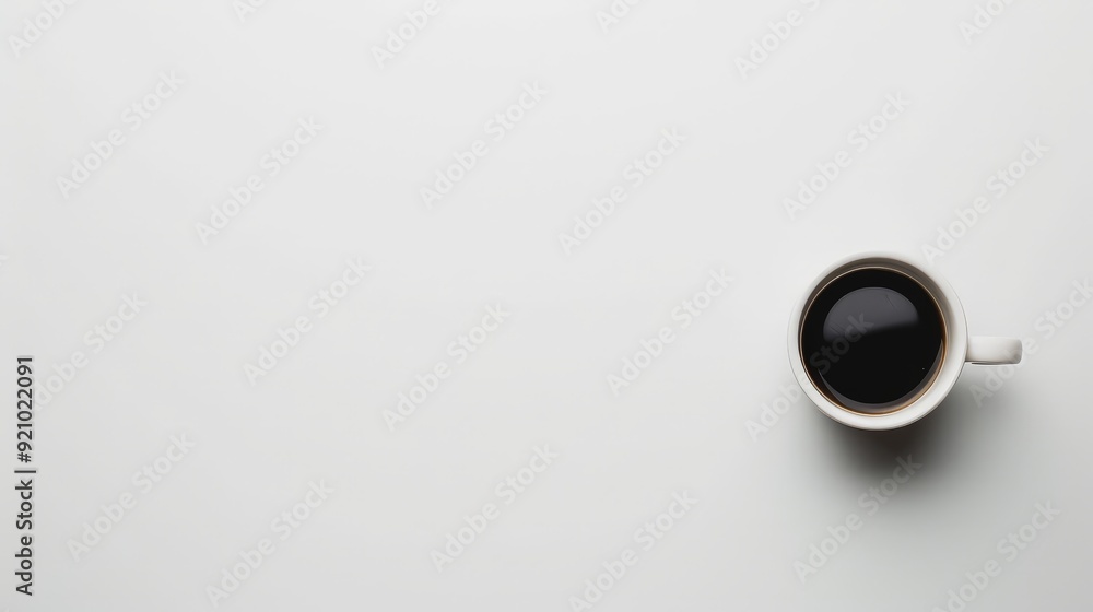 Sticker A minimalist coffee background with a single cup of black coffee on a white surface.