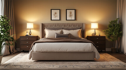 Double bed in modern bedroom interior design. 3d render illustration.