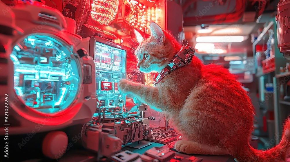 Poster futuristic feline, cyberpunk cat with a robotic tail navigating a vibrant digital marketplace, explo
