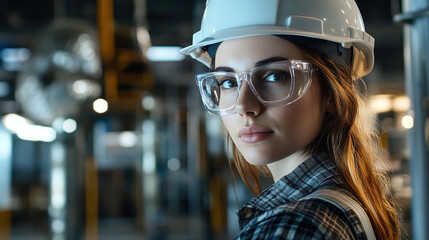 Editorial eye-level shot of an industrial woman in glasses and a white hard hat, looking at the camera while working in an industrial building. Realistic, cinematic style with accent lighting.