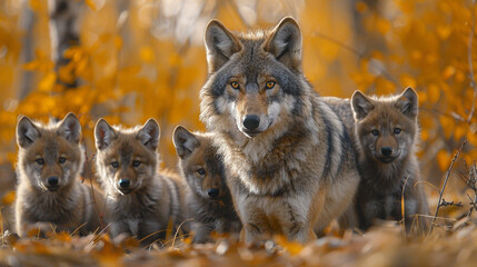 Fototapeta premium A wolf family consisting of a mother and several cubs. Live wild in the forest and hunt wild animals for food. 
