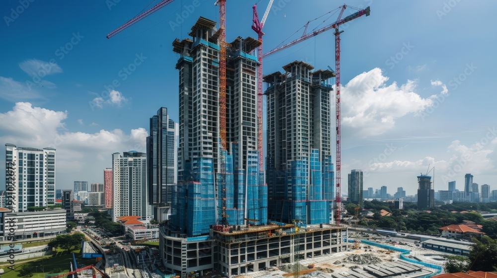 Poster a modern skyscraper under construction, with towering cranes and scaffolding enveloping the structur