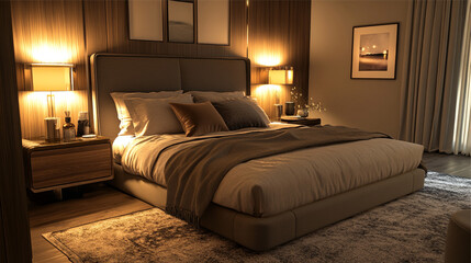 Double bed in modern bedroom interior design. 3d render illustration.