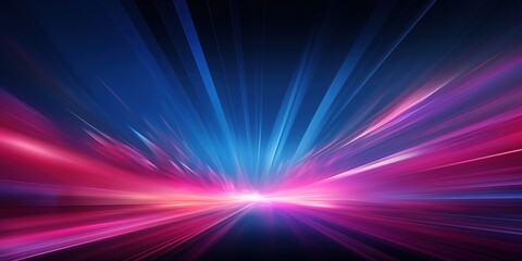 Abstract glowing pink and blue lines radiate from center in a dark background.