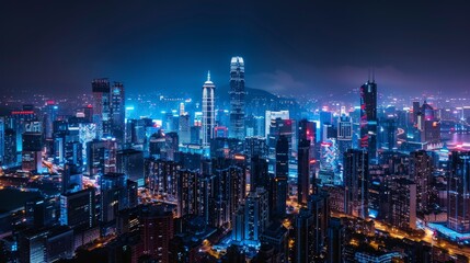 Obraz premium A night view of a city, with buildings illuminated by countless lights, creating a stunning display against the dark sky.