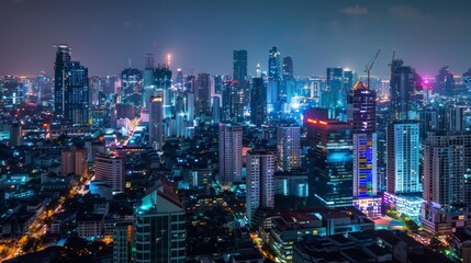 Naklejka premium A night view of a city, with buildings illuminated by countless lights, creating a stunning display against the dark sky.