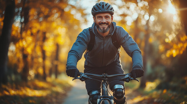 A man with a prosthetic leg cycling in a park, wearing sports gear and smiling as he enjoys the outdoors - Powered by Adobe