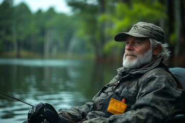 Obraz premium A man with a prosthetic leg fishing on a lake, sitting in a boat and enjoying the calm water