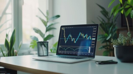 Laptop displaying financial charts on a desk surrounded by plants in a well lit room