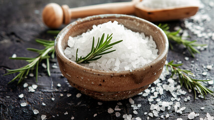 coarse sea salt crystals in a ceramic bowl, with a few sprigs of rosemary and a wooden scoop