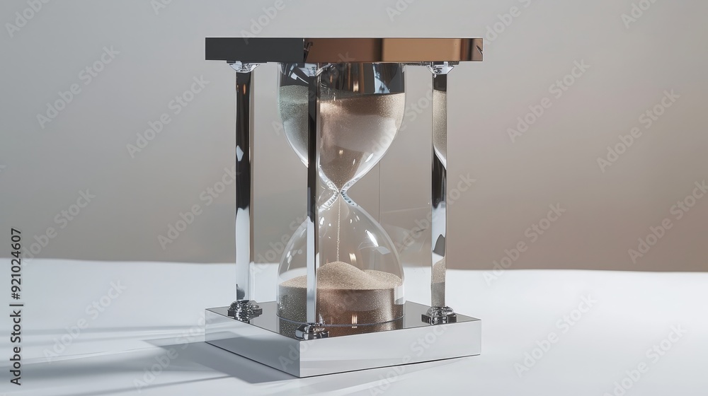 Poster a sand clock with a mirrored base, reflecting the sand as it falls and creating an illusion of infin
