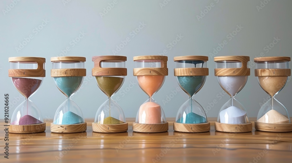 Poster a sand clock with interchangeable sands, allowing customization and personalization for different mo