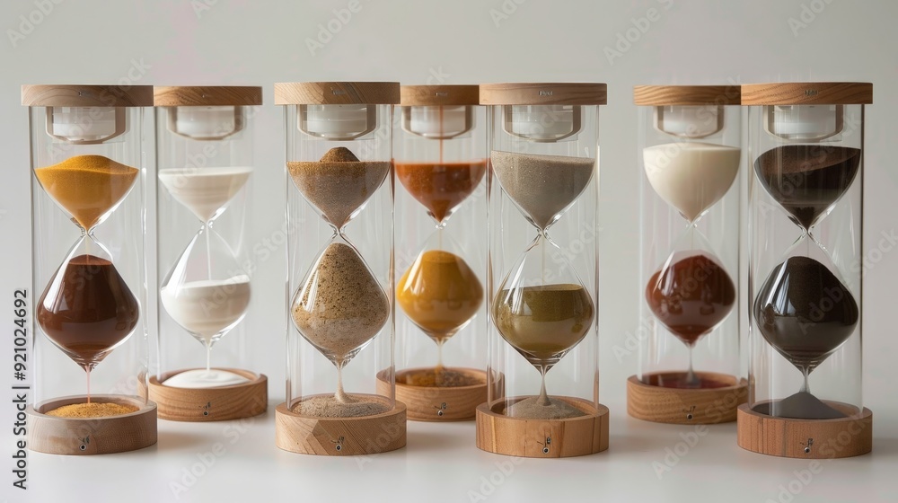 Poster a sand clock with interchangeable sands, allowing customization and personalization for different mo